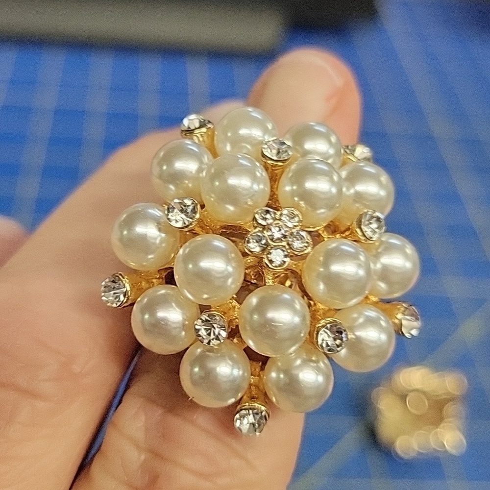 Pearl Faux & Diamond Faux 1.25" Gold Tone Adjustable Ring